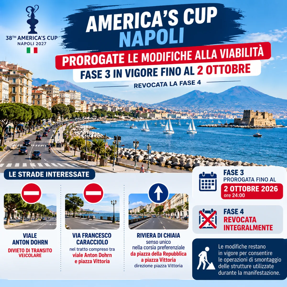America’s Cup Naples: Traffic Restrictions Extended Until October 2 as Event Structures Are Removed